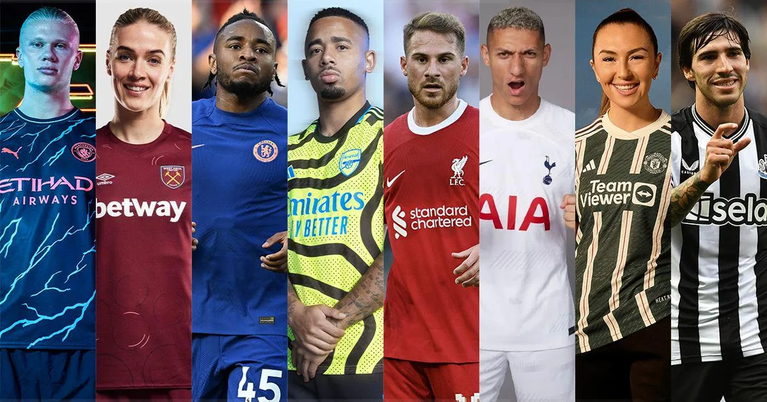 Premier League players wearing replica soccer jerseys from top English clubs, including Manchester City, Liverpool, Arsenal, and Chelsea – wholesale football kits from RepsJerseys.